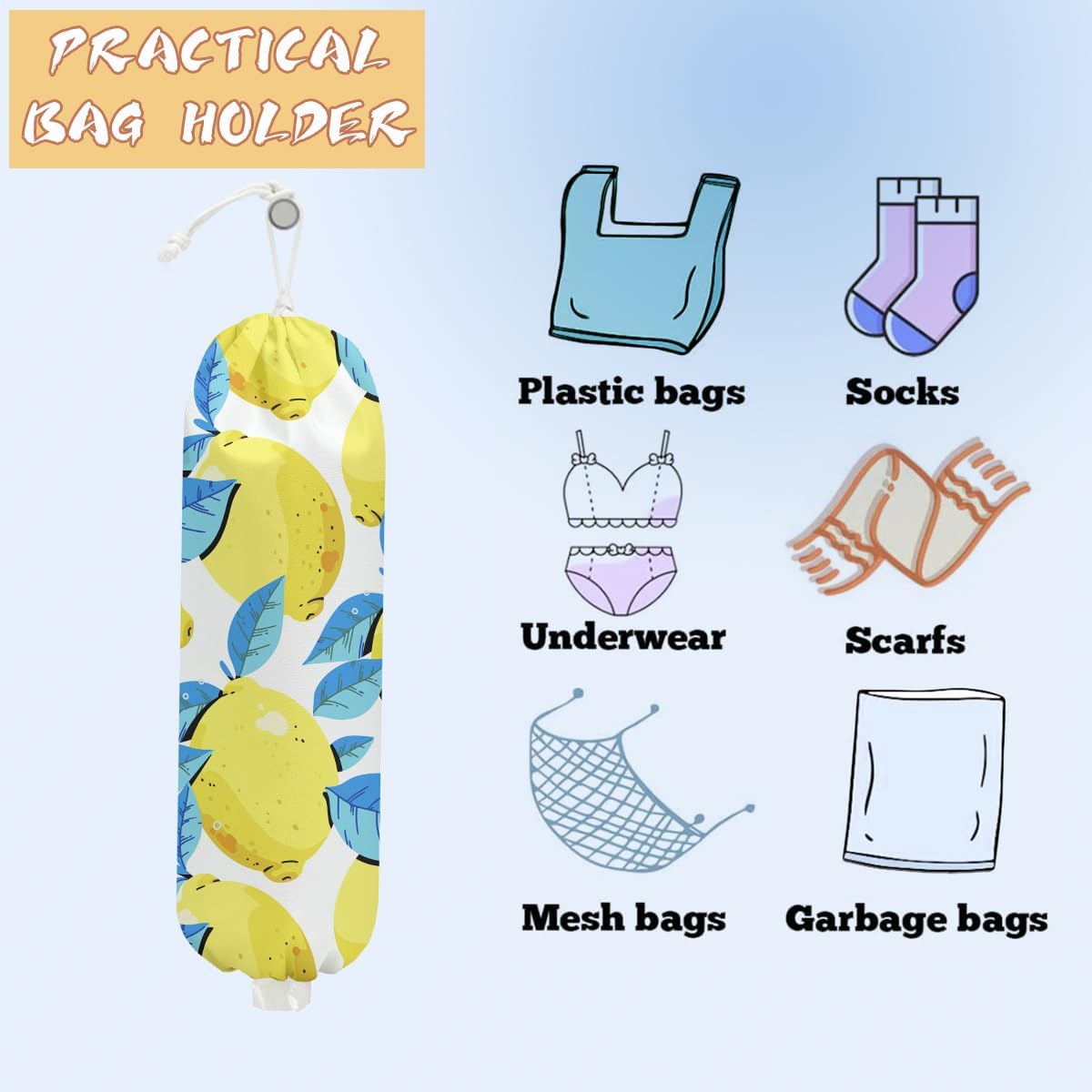 2PCS Lemon Plastic Bag Holder, Lemon Gifts for Women Mom Grandma | Wall Mount Grocery Bag Holder for Plastic Storage, Lemon Storage Organizer Reusable Grocery Bags, Pull Rope Free Adjustment