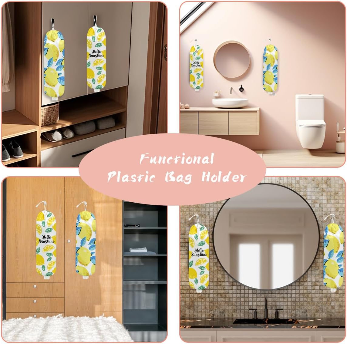 2PCS Lemon Plastic Bag Holder, Lemon Gifts for Women Mom Grandma | Wall Mount Grocery Bag Holder for Plastic Storage, Lemon Storage Organizer Reusable Grocery Bags, Pull Rope Free Adjustment