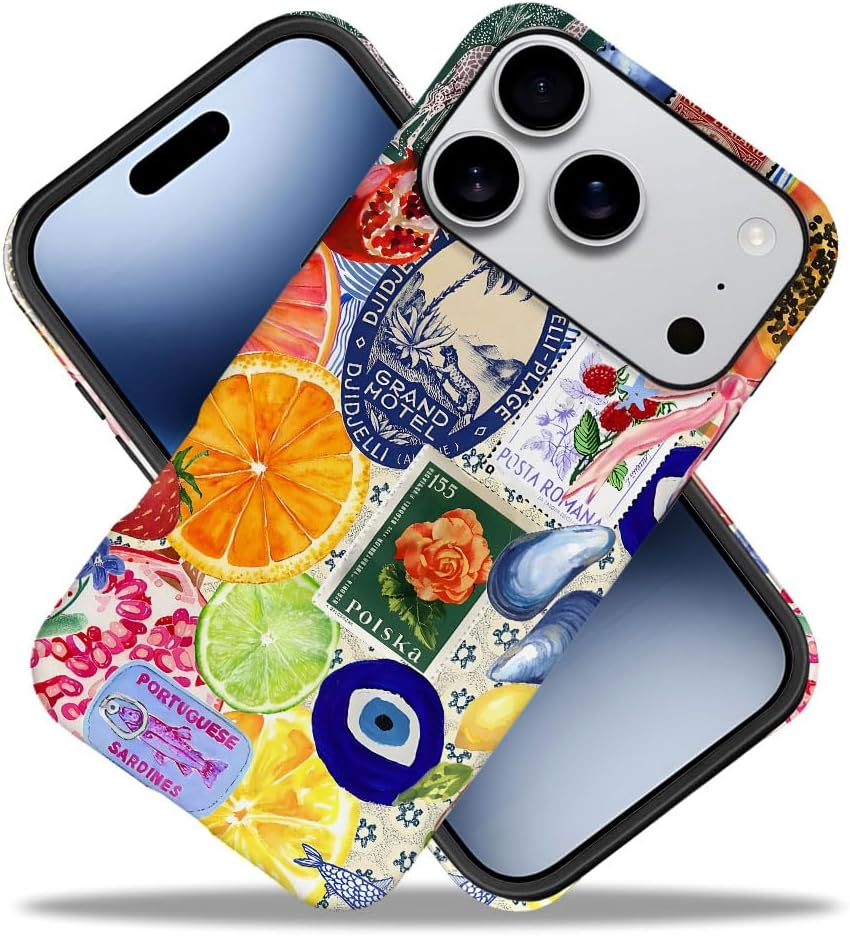 Case Compatible with iPhone 17 Pro,Fall Prevention Hybrid 2-Layer Hard Shell Phone Cover for Girls Boys,Bow European Summer Lemon Collage