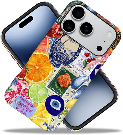 Case Compatible with iPhone 17 Pro,Fall Prevention Hybrid 2-Layer Hard Shell Phone Cover for Girls Boys,Bow European Summer Lemon Collage