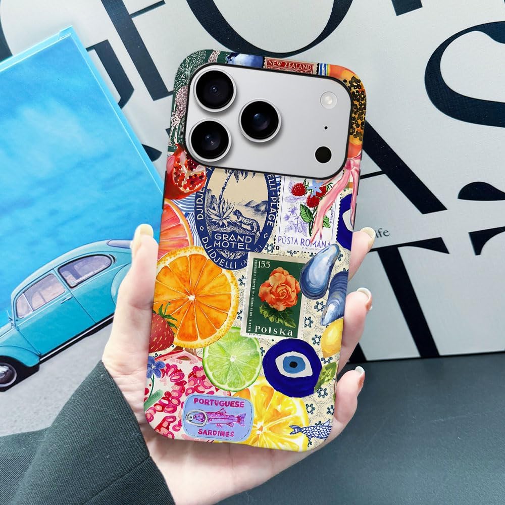 Case Compatible with iPhone 17 Pro,Fall Prevention Hybrid 2-Layer Hard Shell Phone Cover for Girls Boys,Bow European Summer Lemon Collage