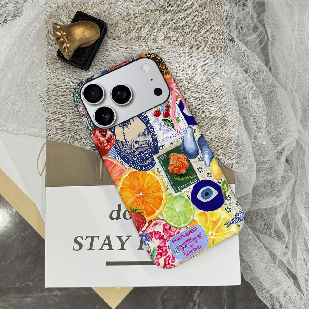 Case Compatible with iPhone 17 Pro,Fall Prevention Hybrid 2-Layer Hard Shell Phone Cover for Girls Boys,Bow European Summer Lemon Collage