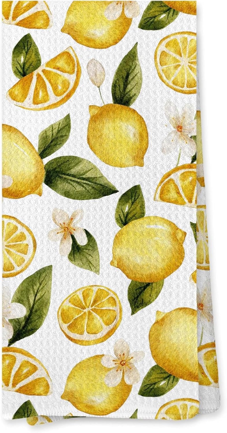 Summer Lemon Kitchen Towel, Lemon Themed Gifts Dish Tea Towel for Kitchen, Yellow Fruit Decorative Hand Towel for Bathroom, 16x24 Inches