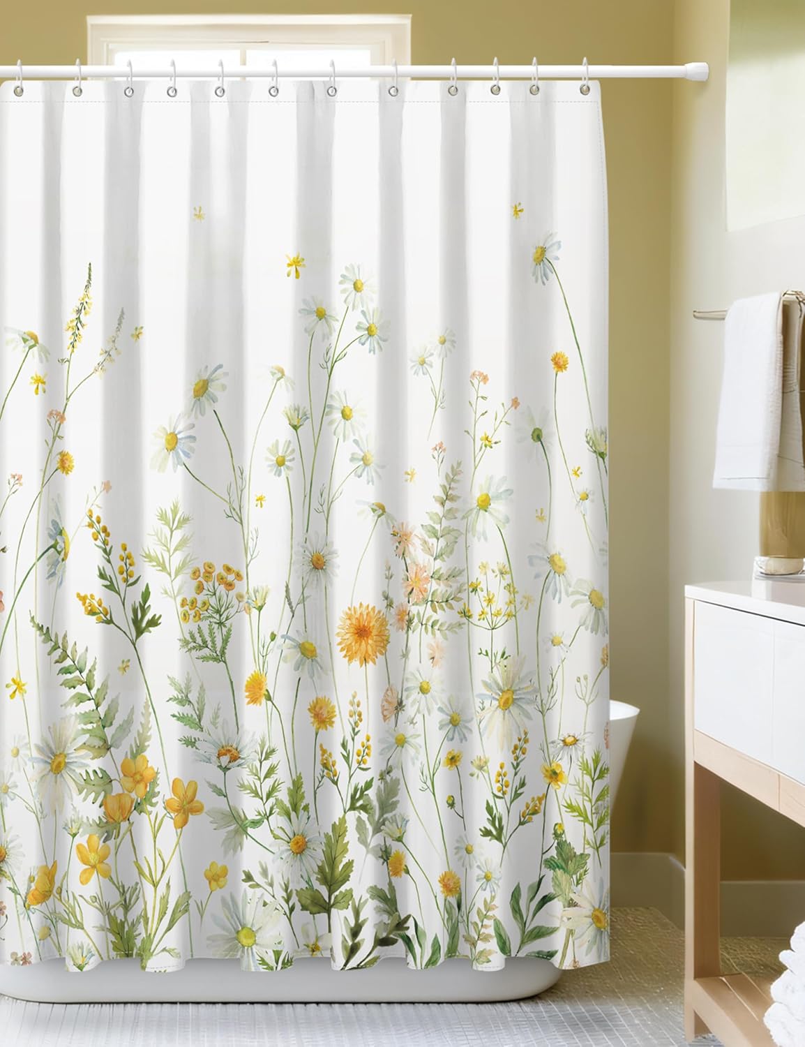 Yellow Floral Shower Curtain for Bathroom, Botanical Yellow Green Wildflower Daisy Shower Curtains Sets, Waterproof Washable Polyester Fabric Bath Decor, 72x72 Inch with 12 Hooks