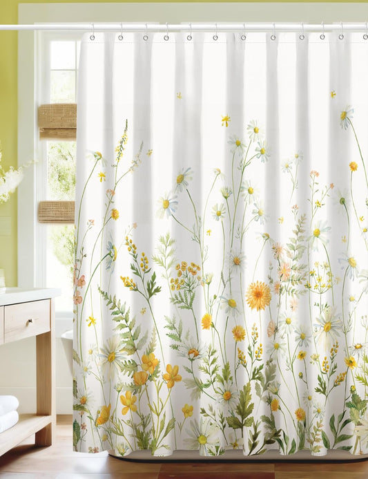 Yellow Floral Shower Curtain for Bathroom, Botanical Yellow Green Wildflower Daisy Shower Curtains Sets, Waterproof Washable Polyester Fabric Bath Decor, 72x72 Inch with 12 Hooks