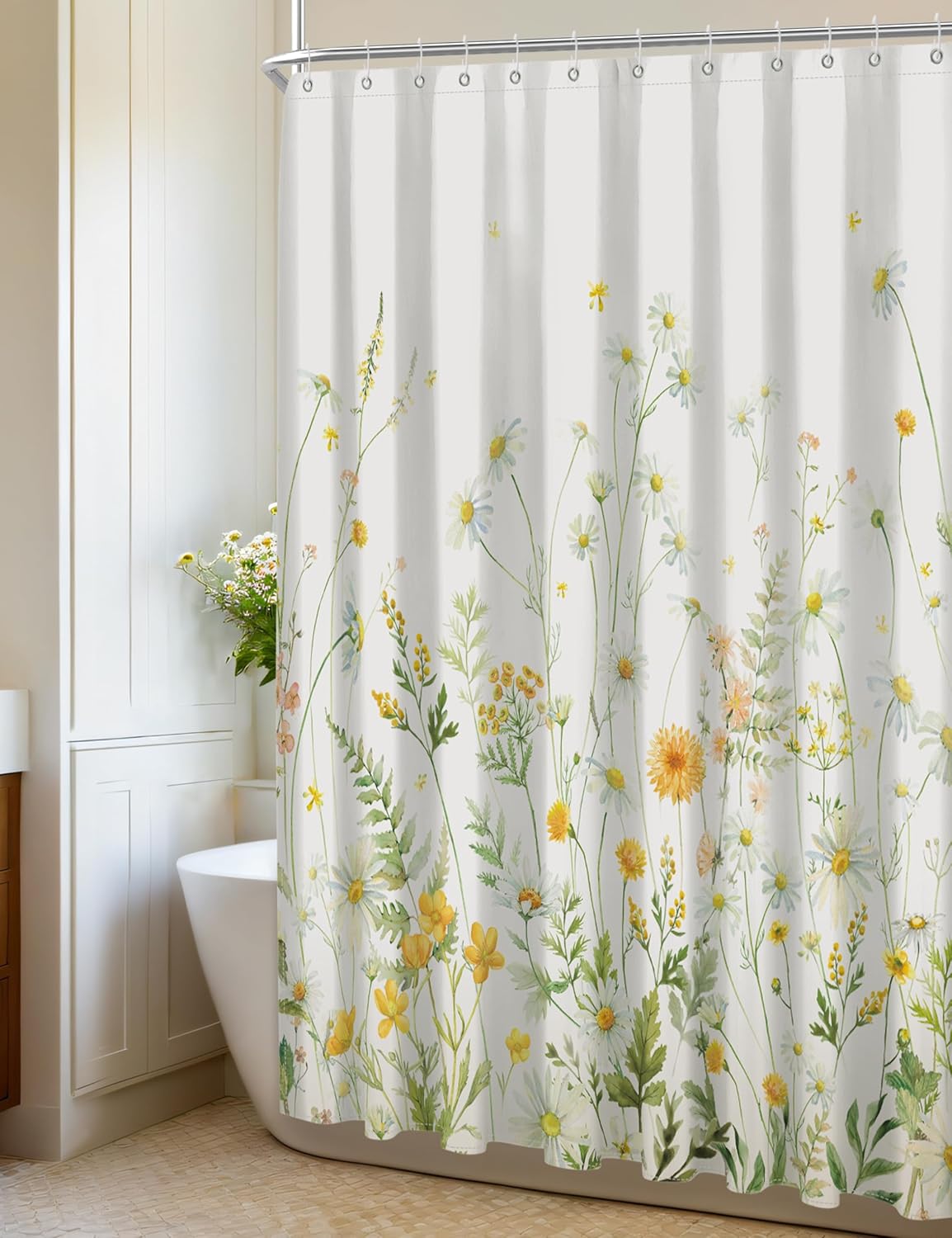 Yellow Floral Shower Curtain for Bathroom, Botanical Yellow Green Wildflower Daisy Shower Curtains Sets, Waterproof Washable Polyester Fabric Bath Decor, 72x72 Inch with 12 Hooks