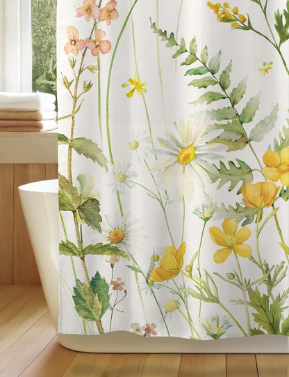 Yellow Floral Shower Curtain for Bathroom, Botanical Yellow Green Wildflower Daisy Shower Curtains Sets, Waterproof Washable Polyester Fabric Bath Decor, 72x72 Inch with 12 Hooks