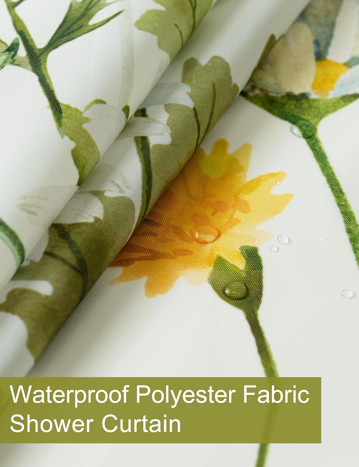 Yellow Floral Shower Curtain for Bathroom, Botanical Yellow Green Wildflower Daisy Shower Curtains Sets, Waterproof Washable Polyester Fabric Bath Decor, 72x72 Inch with 12 Hooks
