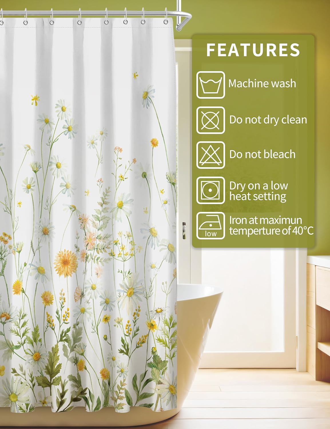 Yellow Floral Shower Curtain for Bathroom, Botanical Yellow Green Wildflower Daisy Shower Curtains Sets, Waterproof Washable Polyester Fabric Bath Decor, 72x72 Inch with 12 Hooks