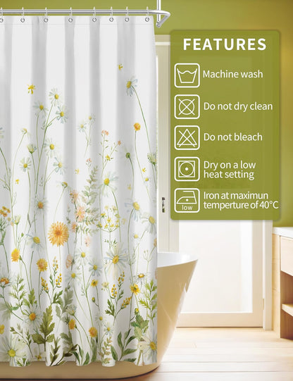 Yellow Floral Shower Curtain for Bathroom, Botanical Yellow Green Wildflower Daisy Shower Curtains Sets, Waterproof Washable Polyester Fabric Bath Decor, 72x72 Inch with 12 Hooks