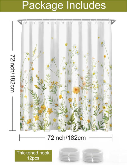 Yellow Floral Shower Curtain for Bathroom, Botanical Yellow Green Wildflower Daisy Shower Curtains Sets, Waterproof Washable Polyester Fabric Bath Decor, 72x72 Inch with 12 Hooks