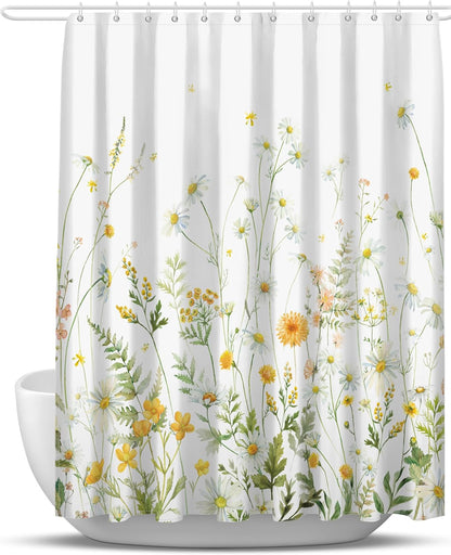 Yellow Floral Shower Curtain for Bathroom, Botanical Yellow Green Wildflower Daisy Shower Curtains Sets, Waterproof Washable Polyester Fabric Bath Decor, 72x72 Inch with 12 Hooks