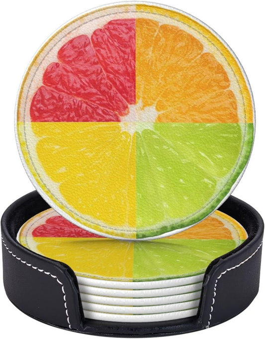 6 Pack Tropical Colorful Lemon Coaster for Drinks with Holder, Funny Cool Waterproof Non-Slip Leather Coasters for Kitchen Wooden Table Coffee Table Dinning Bar Decor