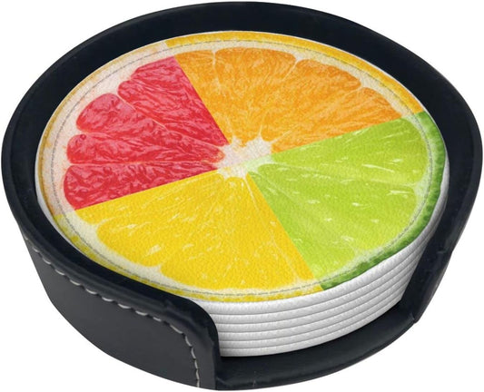6 Pack Tropical Colorful Lemon Coaster for Drinks with Holder, Funny Cool Waterproof Non-Slip Leather Coasters for Kitchen Wooden Table Coffee Table Dinning Bar Decor