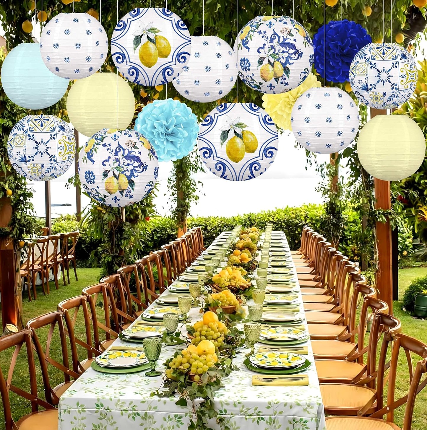 15PCS Lemon Paper Lanterns Party Decorations: Amalfi Coast Capri Yellow Blue Tiles Mediterranean Hanging Decor for Bridal Shower Birthday Wedding Supplies