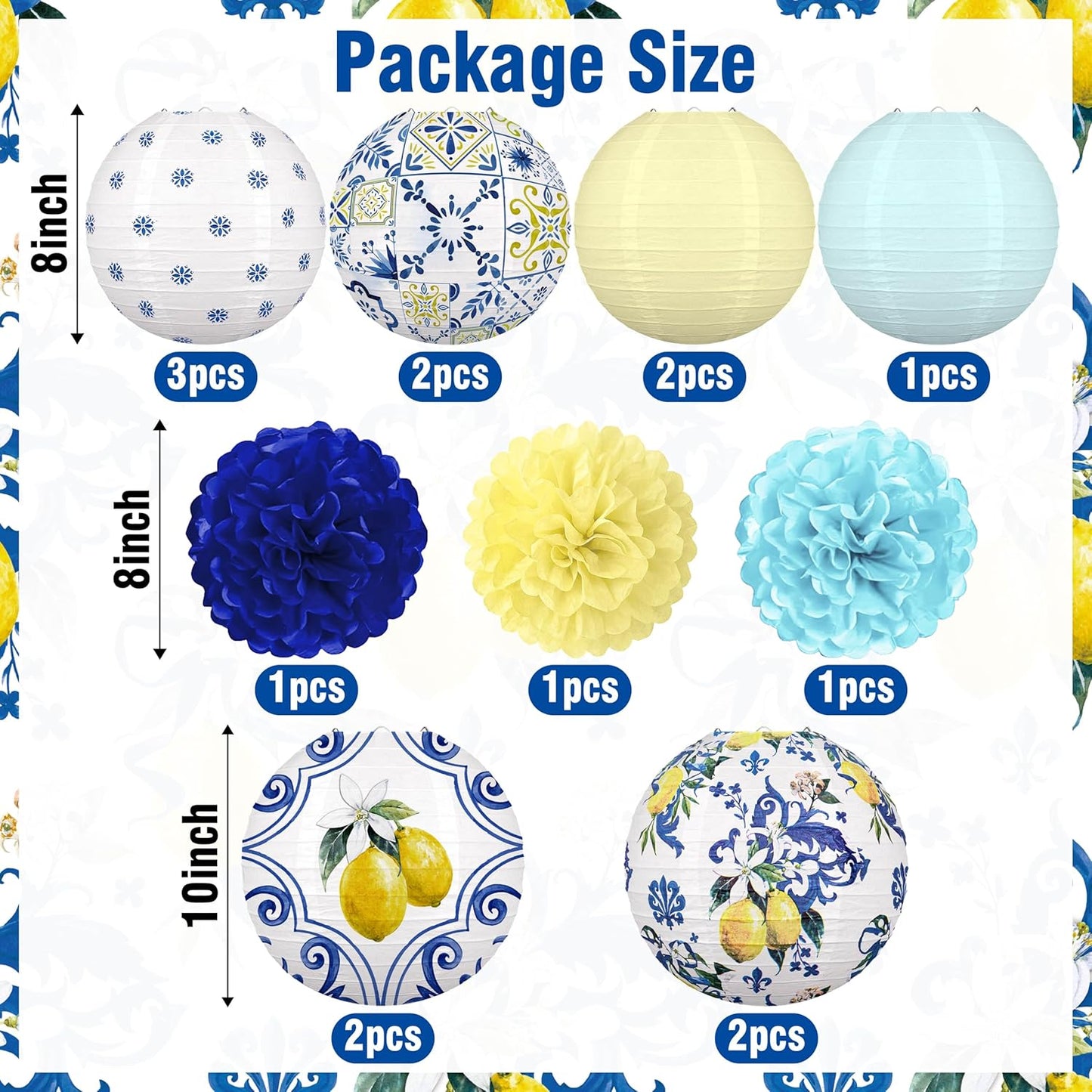 15PCS Lemon Paper Lanterns Party Decorations: Amalfi Coast Capri Yellow Blue Tiles Mediterranean Hanging Decor for Bridal Shower Birthday Wedding Supplies