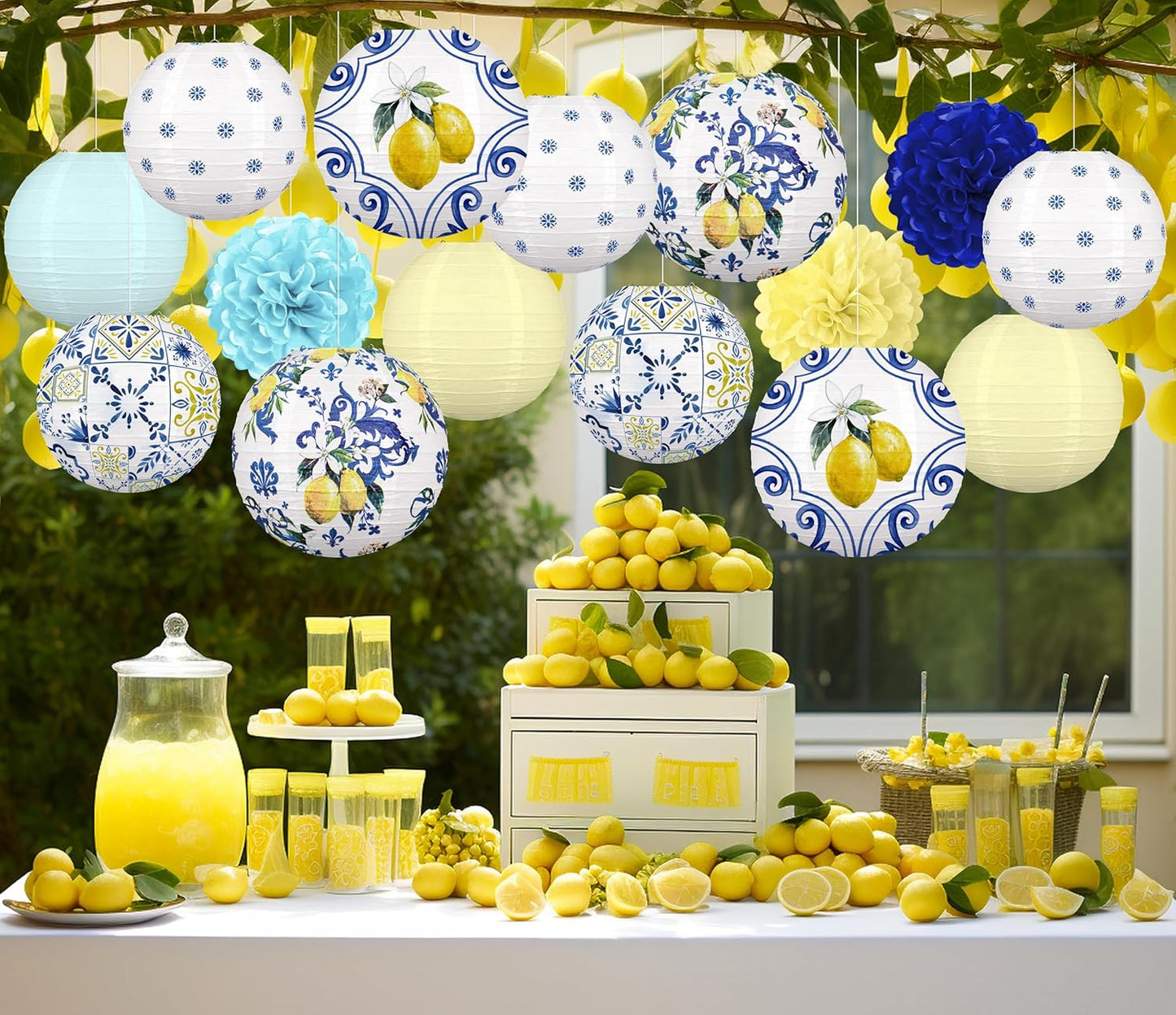 15PCS Lemon Paper Lanterns Party Decorations: Amalfi Coast Capri Yellow Blue Tiles Mediterranean Hanging Decor for Bridal Shower Birthday Wedding Supplies