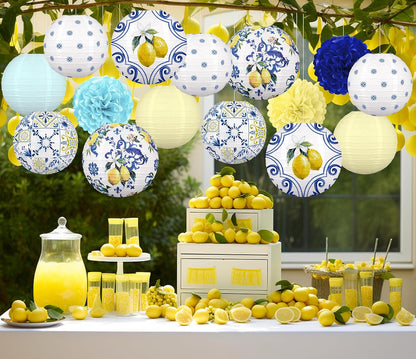 15PCS Lemon Paper Lanterns Party Decorations: Amalfi Coast Capri Yellow Blue Tiles Mediterranean Hanging Decor for Bridal Shower Birthday Wedding Supplies