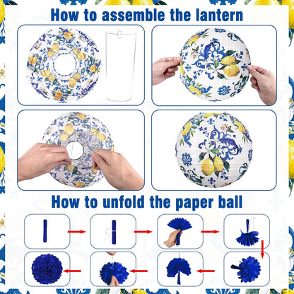 15PCS Lemon Paper Lanterns Party Decorations: Amalfi Coast Capri Yellow Blue Tiles Mediterranean Hanging Decor for Bridal Shower Birthday Wedding Supplies