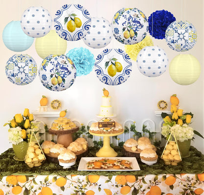 15PCS Lemon Paper Lanterns Party Decorations: Amalfi Coast Capri Yellow Blue Tiles Mediterranean Hanging Decor for Bridal Shower Birthday Wedding Supplies