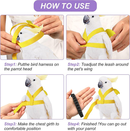 4 Pieces Pet Parrot Bird Harness Leash Adjustable Bird Flying Harness Traction Rope with Cute Wing for Parrots Pigeons Budgerigar Lovebird Outdoor Training Toy (Pink, Yellow, Light Purple, Cyan,S)