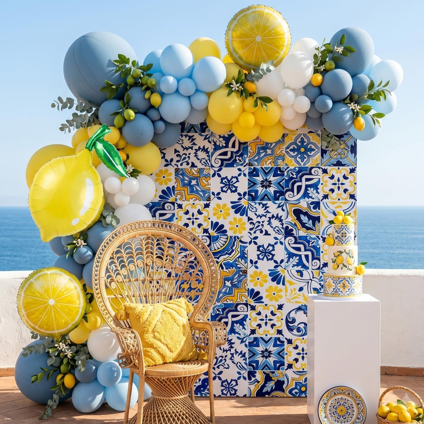 Dusty Blue Lemon Balloon Arch Kit with Amalfi Coast Backdrop, Blue Yellow Lemon Party Decorations for Summer Birthday, Lemonade Party, Bridal Shower, Baby Shower Decor