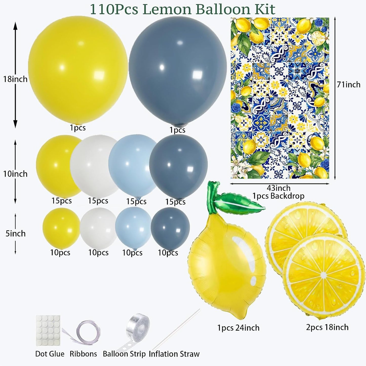 Dusty Blue Lemon Balloon Arch Kit with Amalfi Coast Backdrop, Blue Yellow Lemon Party Decorations for Summer Birthday, Lemonade Party, Bridal Shower, Baby Shower Decor