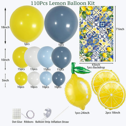 Dusty Blue Lemon Balloon Arch Kit with Amalfi Coast Backdrop, Blue Yellow Lemon Party Decorations for Summer Birthday, Lemonade Party, Bridal Shower, Baby Shower Decor