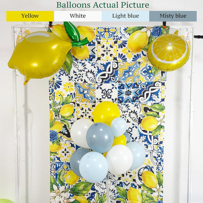Dusty Blue Lemon Balloon Arch Kit with Amalfi Coast Backdrop, Blue Yellow Lemon Party Decorations for Summer Birthday, Lemonade Party, Bridal Shower, Baby Shower Decor