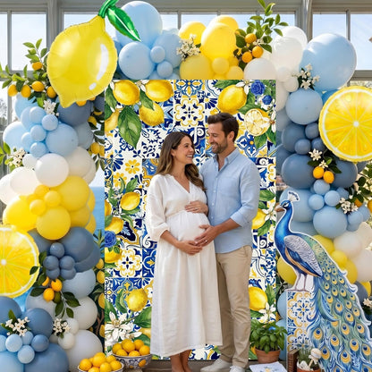Dusty Blue Lemon Balloon Arch Kit with Amalfi Coast Backdrop, Blue Yellow Lemon Party Decorations for Summer Birthday, Lemonade Party, Bridal Shower, Baby Shower Decor