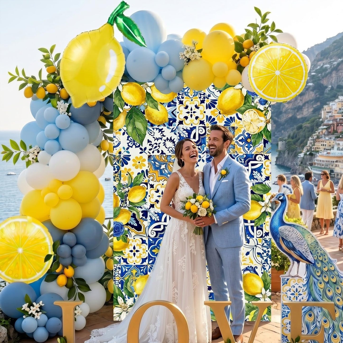 Dusty Blue Lemon Balloon Arch Kit with Amalfi Coast Backdrop, Blue Yellow Lemon Party Decorations for Summer Birthday, Lemonade Party, Bridal Shower, Baby Shower Decor