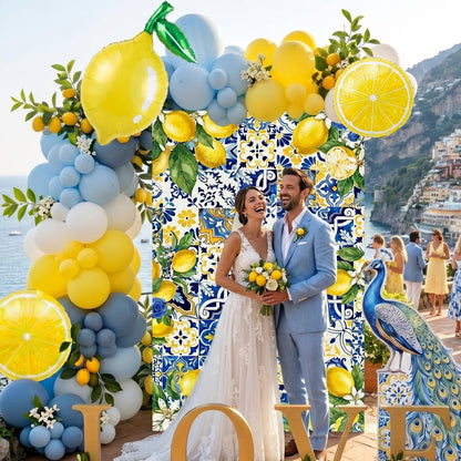 Dusty Blue Lemon Balloon Arch Kit with Amalfi Coast Backdrop, Blue Yellow Lemon Party Decorations for Summer Birthday, Lemonade Party, Bridal Shower, Baby Shower Decor