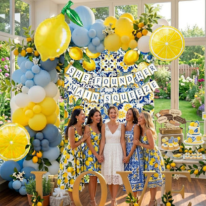 Dusty Blue Lemon Balloon Arch Kit with Amalfi Coast Backdrop, Blue Yellow Lemon Party Decorations for Summer Birthday, Lemonade Party, Bridal Shower, Baby Shower Decor