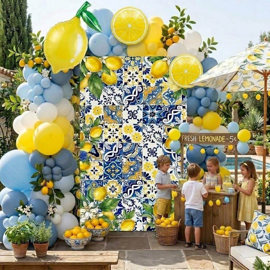Dusty Blue Lemon Balloon Arch Kit with Amalfi Coast Backdrop, Blue Yellow Lemon Party Decorations for Summer Birthday, Lemonade Party, Bridal Shower, Baby Shower Decor