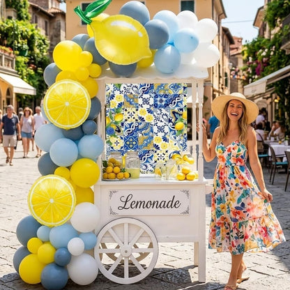 Dusty Blue Lemon Balloon Arch Kit with Amalfi Coast Backdrop, Blue Yellow Lemon Party Decorations for Summer Birthday, Lemonade Party, Bridal Shower, Baby Shower Decor