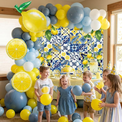 Dusty Blue Lemon Balloon Arch Kit with Amalfi Coast Backdrop, Blue Yellow Lemon Party Decorations for Summer Birthday, Lemonade Party, Bridal Shower, Baby Shower Decor