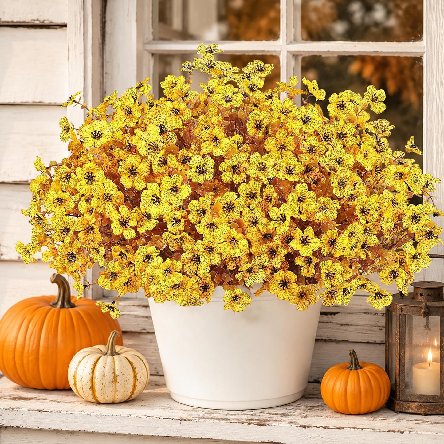 Artificial Faux Mums Flowers Plants for Outdoors Fall Decor,12 Bundles Fake Mums Plastic Silk Flowers Plants for Outside Planters UV Resistant Look Real Front Patio Yard Home Autumn Decorations Yellow