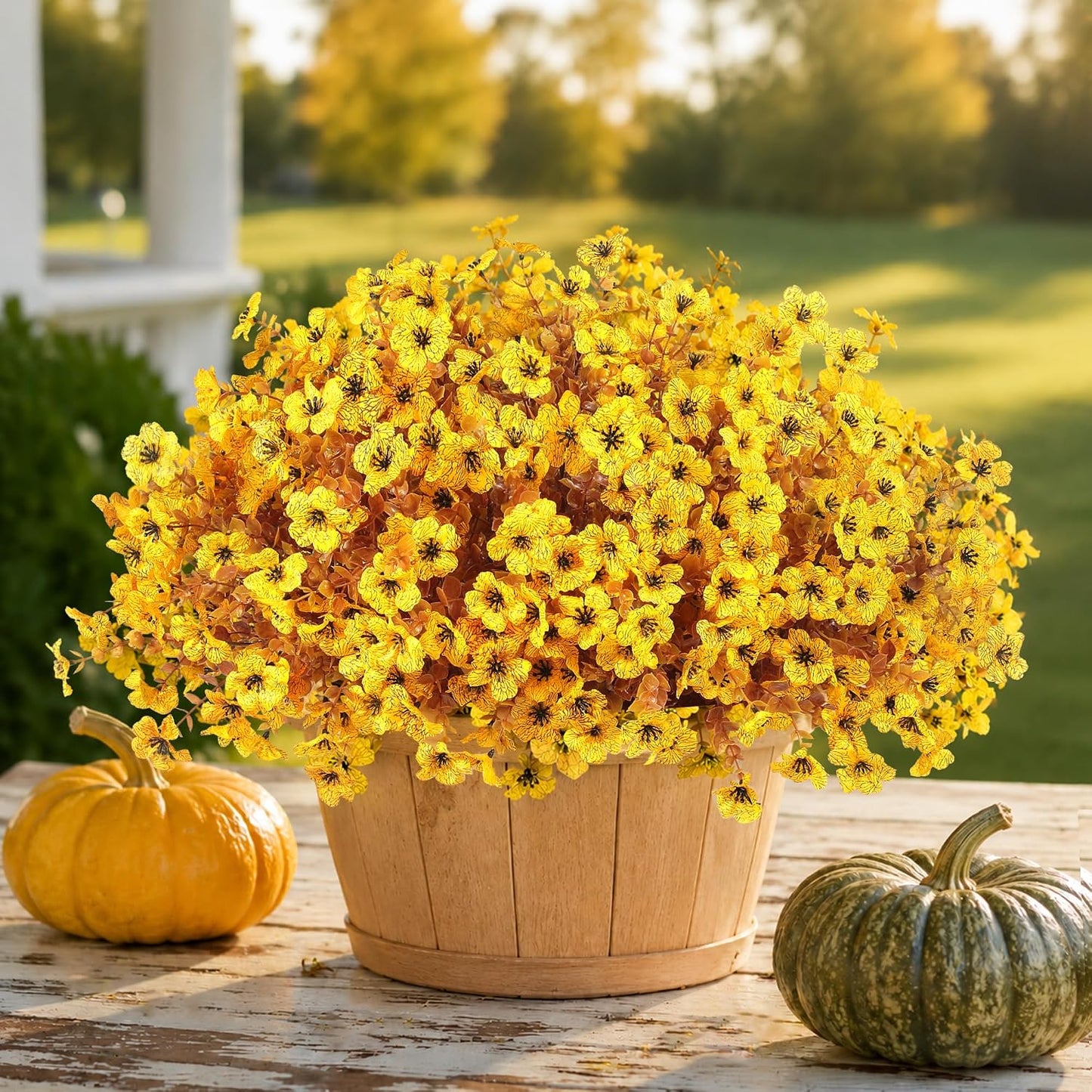 Artificial Faux Mums Flowers Plants for Outdoors Fall Decor,12 Bundles Fake Mums Plastic Silk Flowers Plants for Outside Planters UV Resistant Look Real Front Patio Yard Home Autumn Decorations Yellow