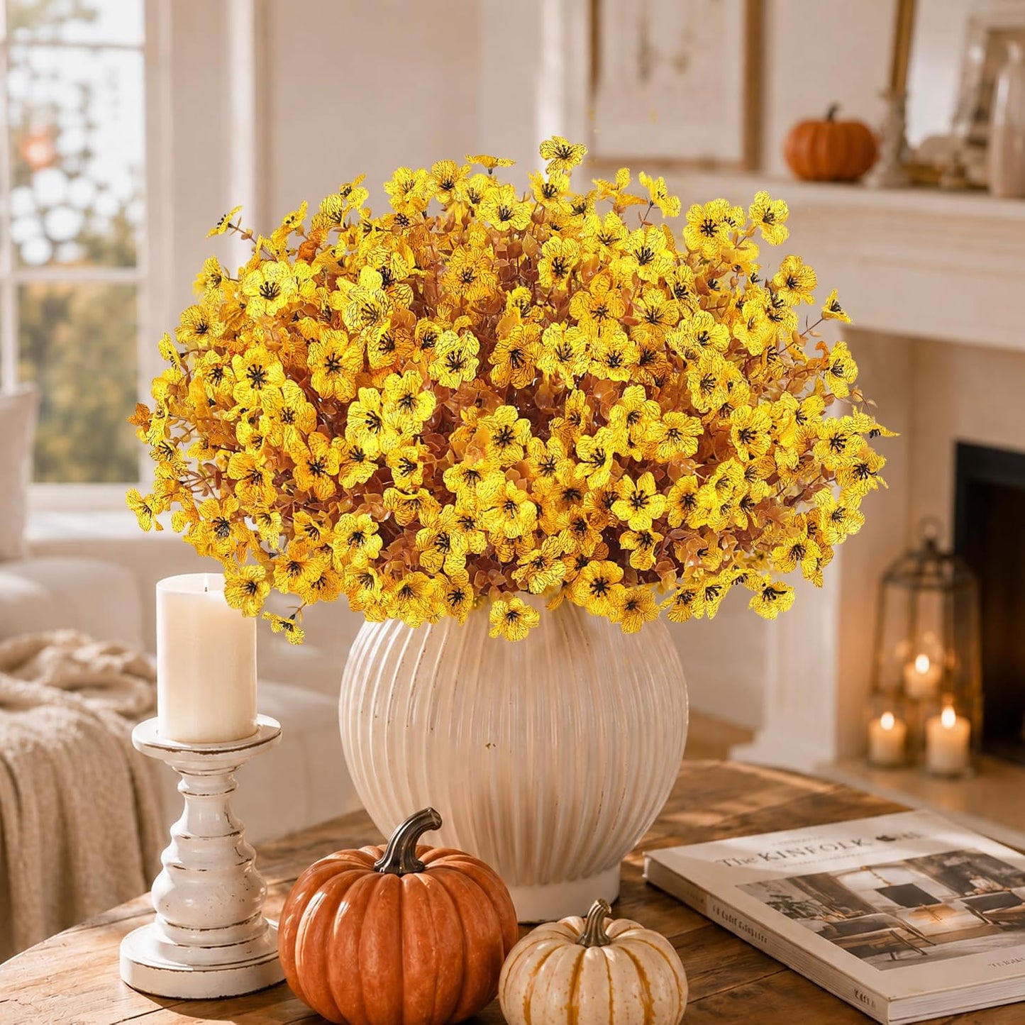 Artificial Faux Mums Flowers Plants for Outdoors Fall Decor,12 Bundles Fake Mums Plastic Silk Flowers Plants for Outside Planters UV Resistant Look Real Front Patio Yard Home Autumn Decorations Yellow