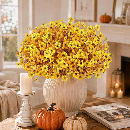 Artificial Faux Mums Flowers Plants for Outdoors Fall Decor,12 Bundles Fake Mums Plastic Silk Flowers Plants for Outside Planters UV Resistant Look Real Front Patio Yard Home Autumn Decorations Yellow
