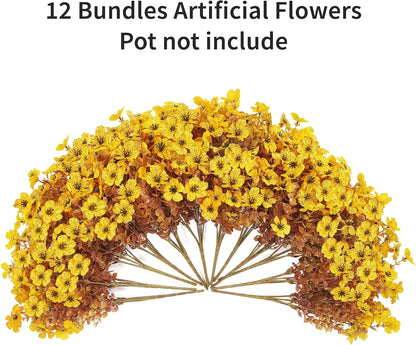 Artificial Faux Mums Flowers Plants for Outdoors Fall Decor,12 Bundles Fake Mums Plastic Silk Flowers Plants for Outside Planters UV Resistant Look Real Front Patio Yard Home Autumn Decorations Yellow