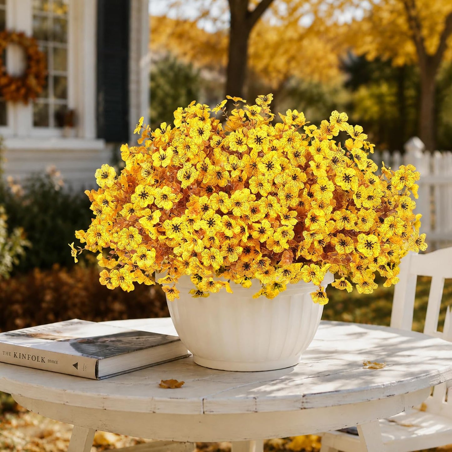 Artificial Faux Mums Flowers Plants for Outdoors Fall Decor,12 Bundles Fake Mums Plastic Silk Flowers Plants for Outside Planters UV Resistant Look Real Front Patio Yard Home Autumn Decorations Yellow