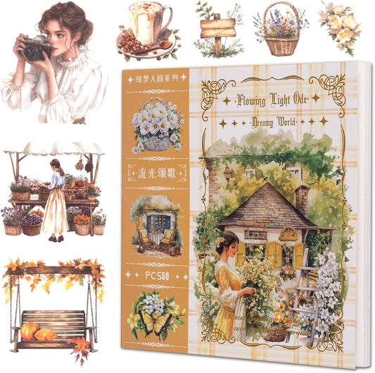 Garden Journal Sticker Book, 50 Sheets Washi Junk Journaling Sticker, Scrapbook Supplies, Watercolor Scrapbooking for Adults, Yellow Decorative Ephemera Arts Craft