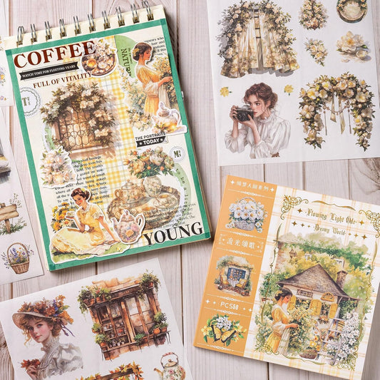 Garden Journal Sticker Book, 50 Sheets Washi Junk Journaling Sticker, Scrapbook Supplies, Watercolor Scrapbooking for Adults, Yellow Decorative Ephemera Arts Craft