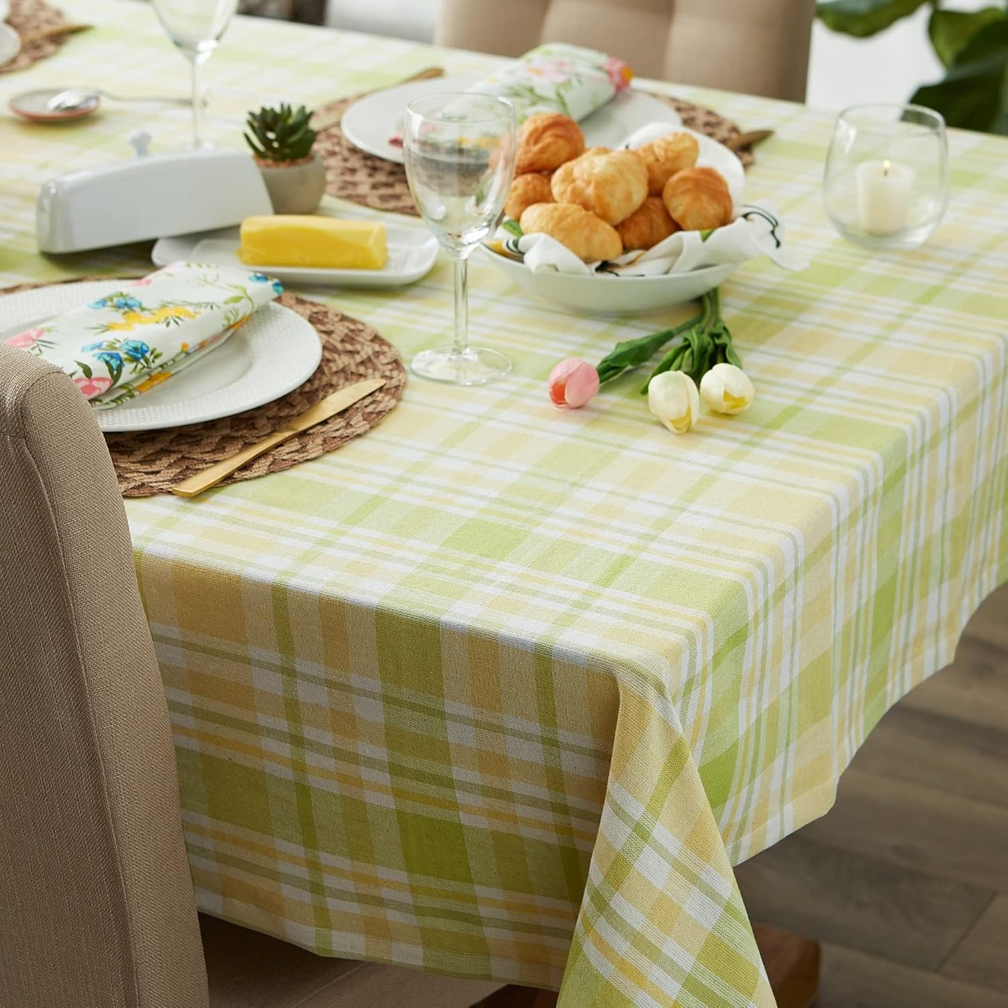 Lemon Bliss Plaid Cotton Tabletop Collection, Tablecloth, 60x84