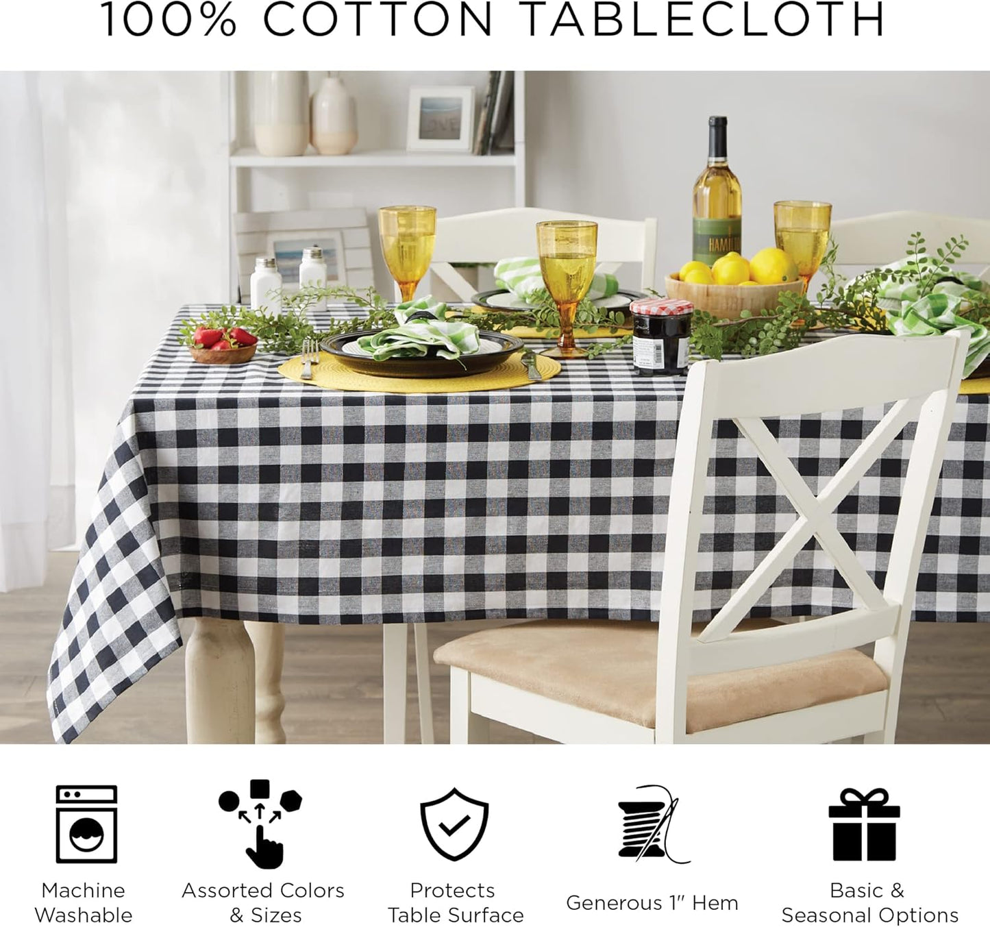 Lemon Bliss Plaid Cotton Tabletop Collection, Tablecloth, 60x84