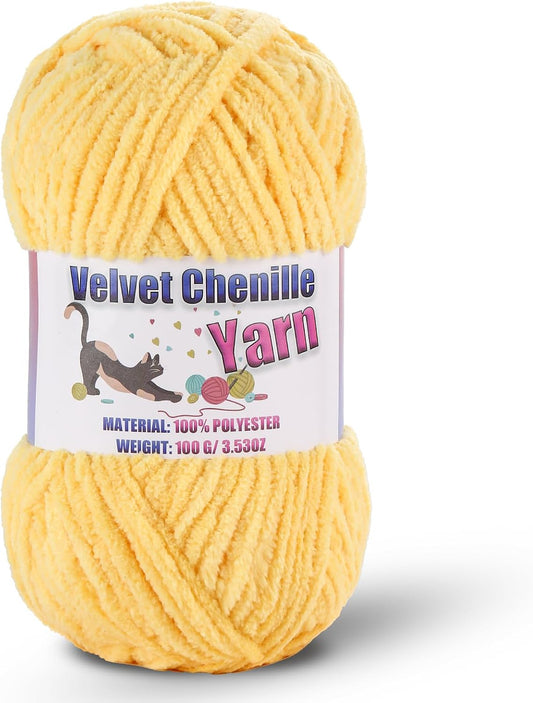 Fluffy Chenille Yarn for Crocheting, Chunky Velvet Yarn for Crochet Amigurumi, Used for Making Baby Yarns Blanket, Clothes, Pattern Knitting Creations (1-Yellow)