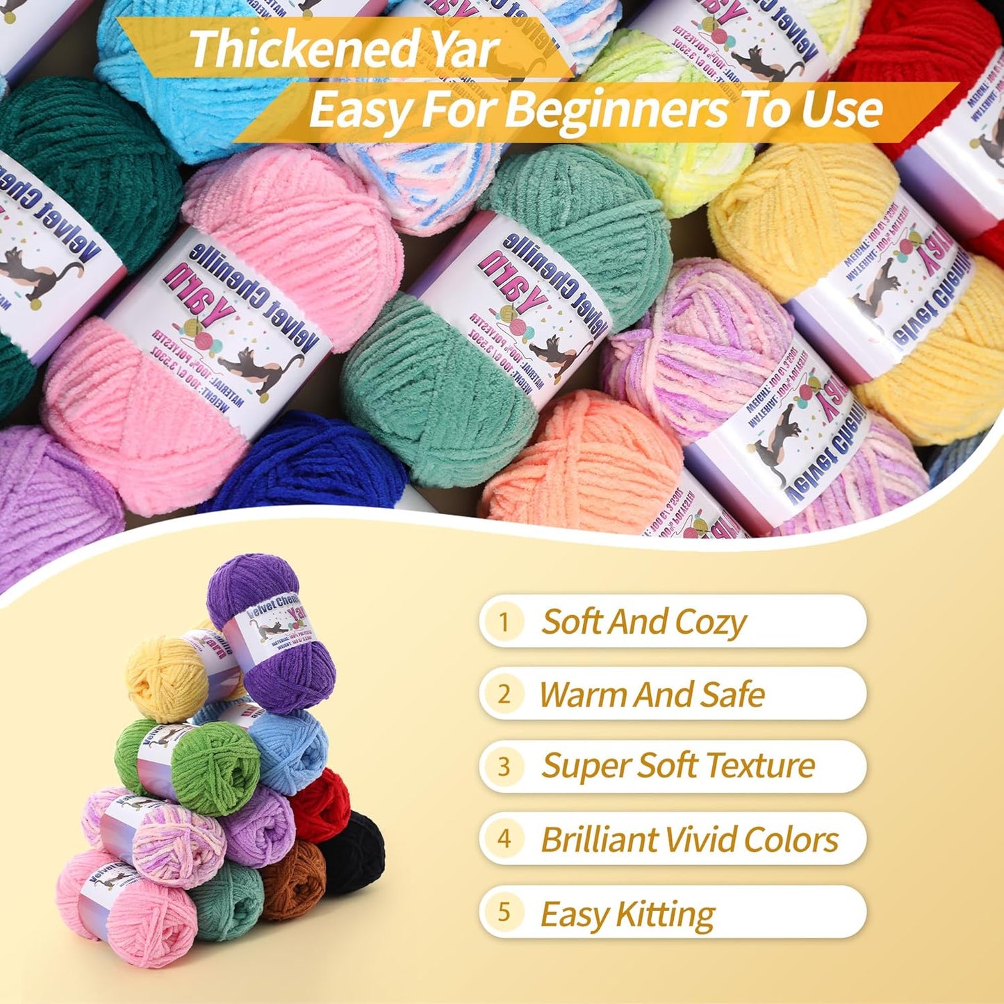 Fluffy Chenille Yarn for Crocheting, Chunky Velvet Yarn for Crochet Amigurumi, Used for Making Baby Yarns Blanket, Clothes, Pattern Knitting Creations (1-Yellow)