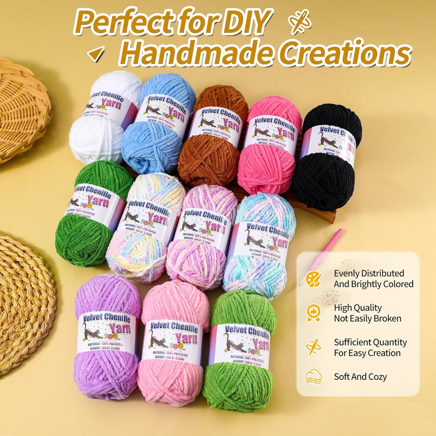 Fluffy Chenille Yarn for Crocheting, Chunky Velvet Yarn for Crochet Amigurumi, Used for Making Baby Yarns Blanket, Clothes, Pattern Knitting Creations (1-Yellow)
