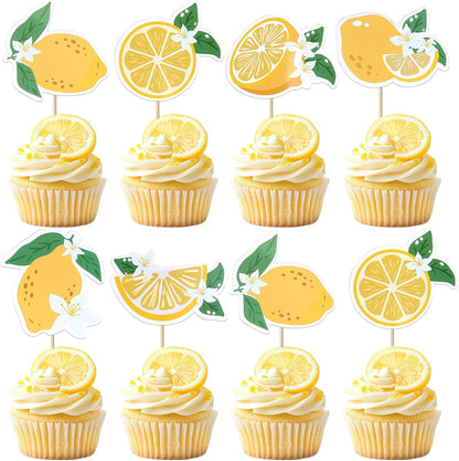 24 Pack Lemon Cupcake Toppers Juicy Fruit Summer Birthday Cupcake Picks for Lemon Theme Baby Shower Birthday Wedding Bridal Shower Bachelorette Party Cake Decorations